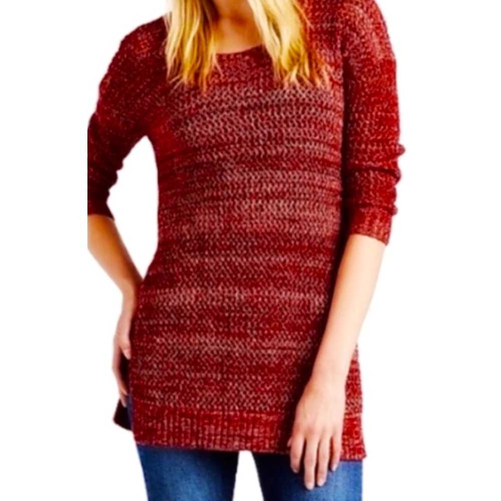 Lucky Brand Small Red Pink White Open Weave Lace Up Back Tunic Sweater